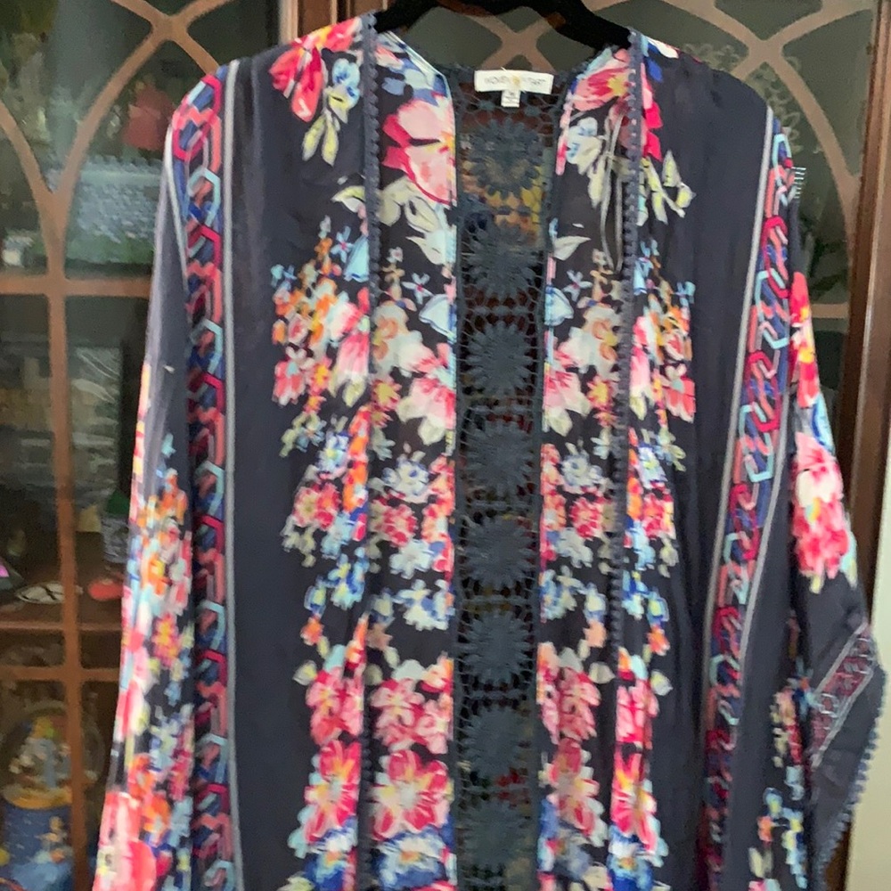 Woven heart boho long vest / duster has crochet fringe